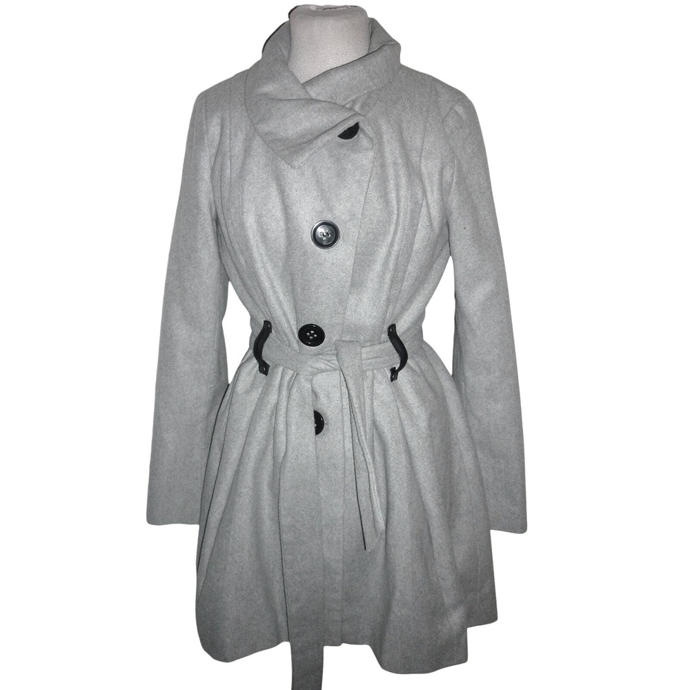 Gray Wool Blend Fit & Flare‎ Belted Peacoat Funnel Neck Long Sleeve Jacket